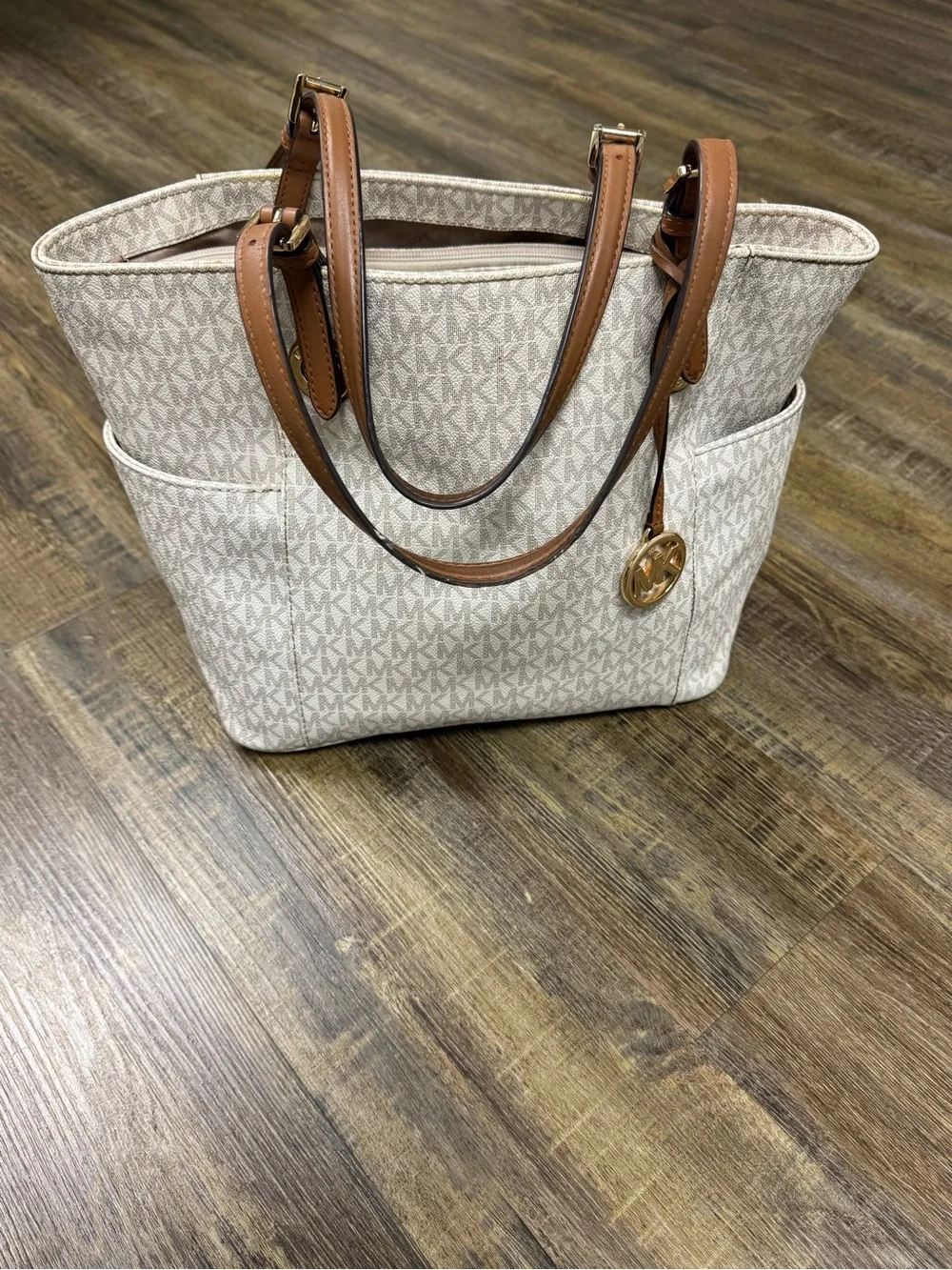 Michael Kors Cream Logo Tote Bag with Tan Leather Straps Minor Flaws Med Size